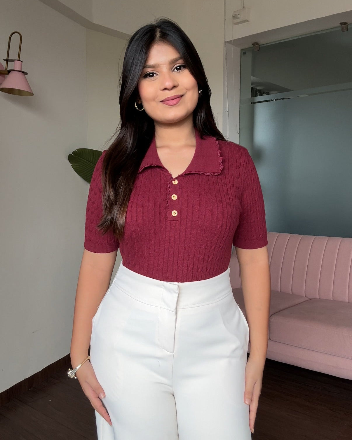 Collar Lacy Detailing Textured Polo Top