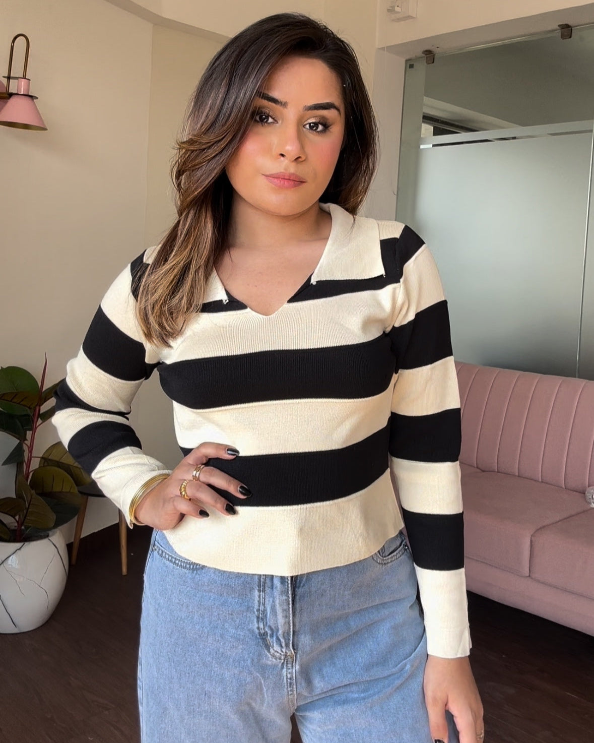 Collared Striped Full Sleeve Top