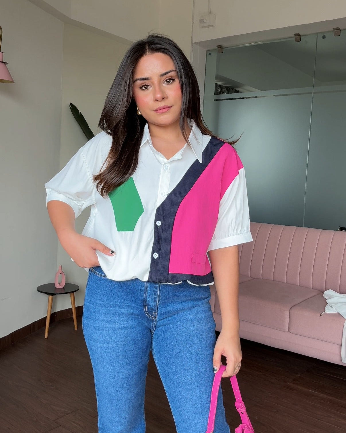 Color Block White Waist Adjustable Shirt