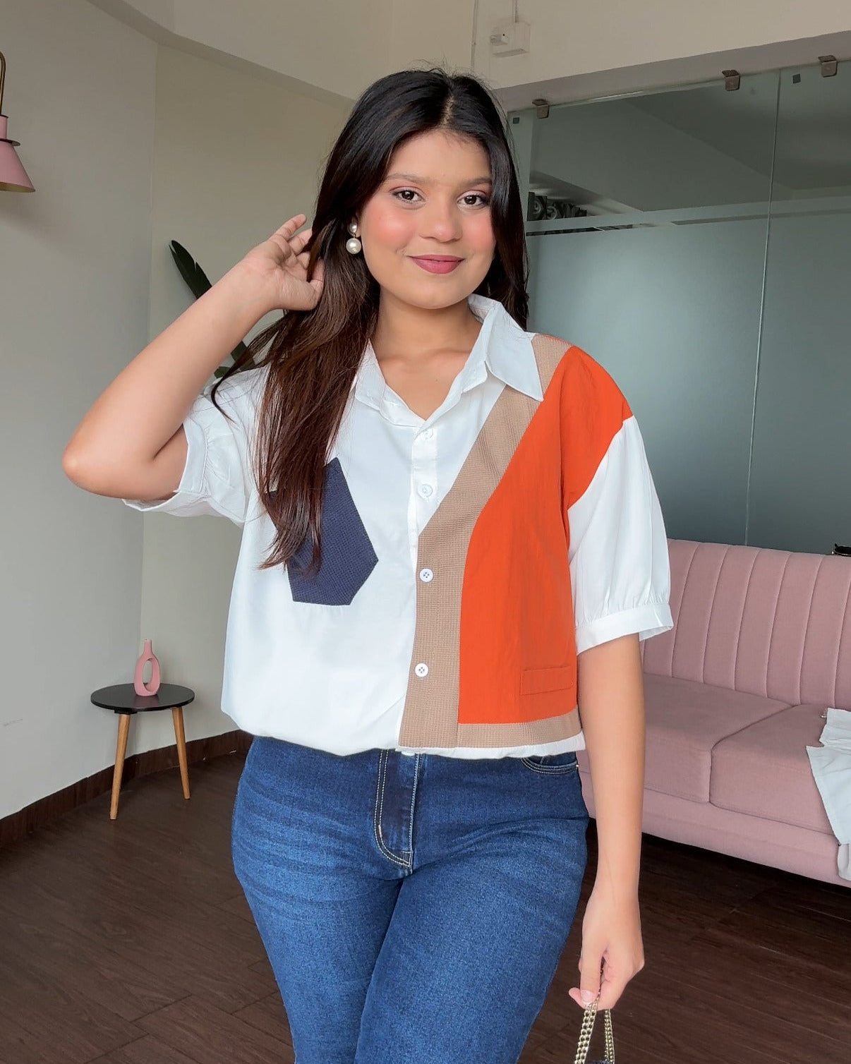 Color Block White Waist Adjustable Shirt
