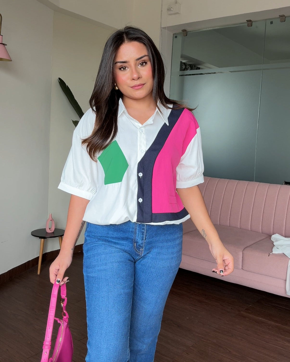 Color Block White Waist Adjustable Shirt