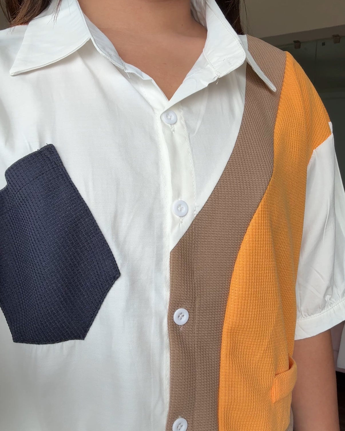 Color Block White Waist Adjustable Shirt