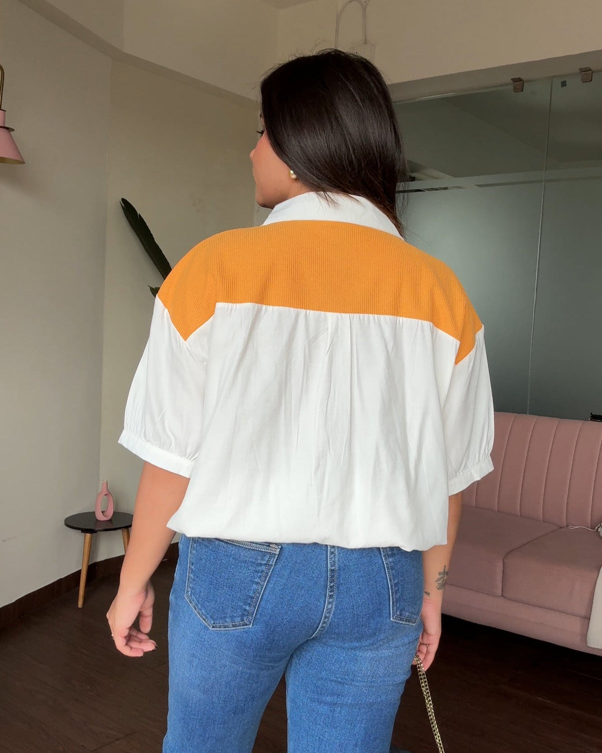 Color Block White Waist Adjustable Shirt