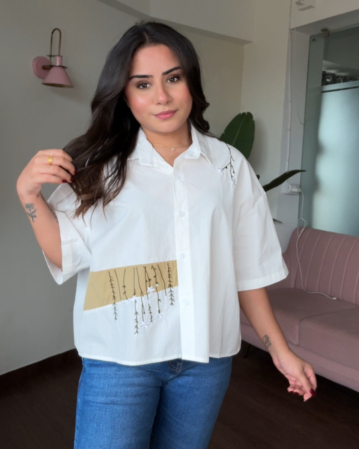Colour Block Minimal Embroidery Oversized Cropped Shirt