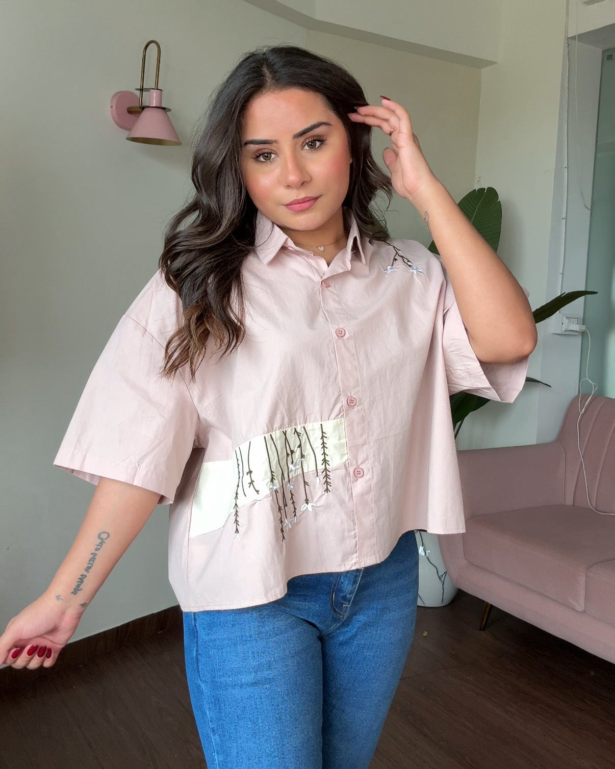 Colour Block Minimal Embroidery Oversized Cropped Shirt
