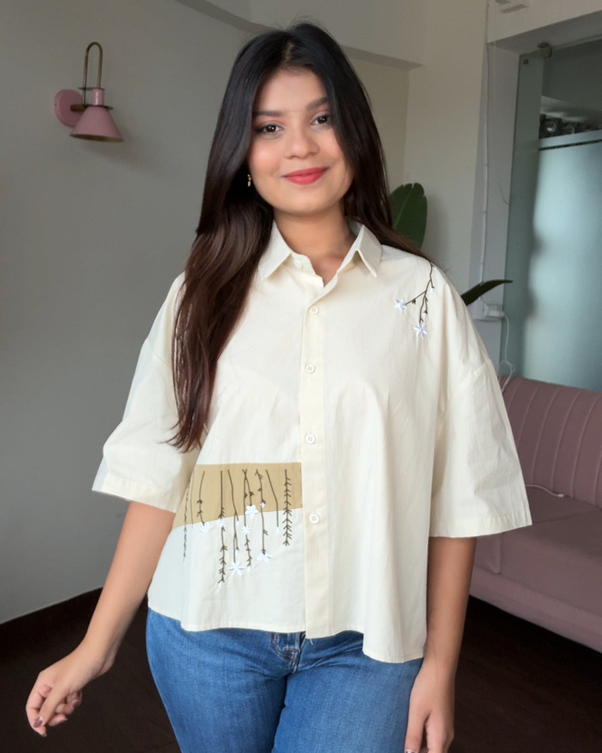 Colour Block Minimal Embroidery Oversized Cropped Shirt
