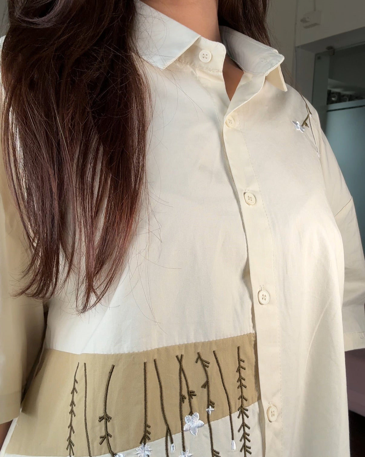 Colour Block Minimal Embroidery Oversized Cropped Shirt