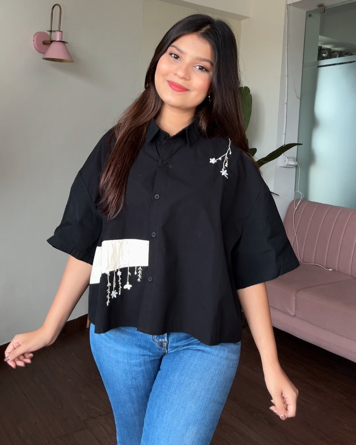 Colour Block Minimal Embroidery Oversized Cropped Shirt