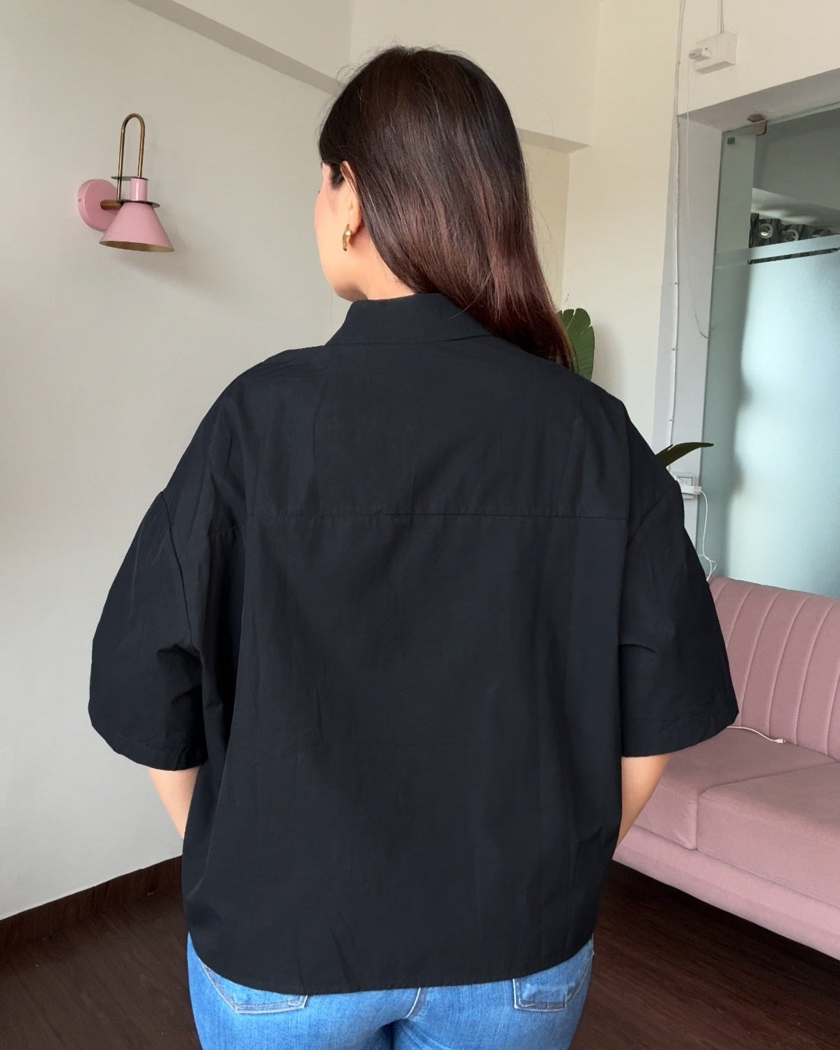 Colour Block Minimal Embroidery Oversized Cropped Shirt