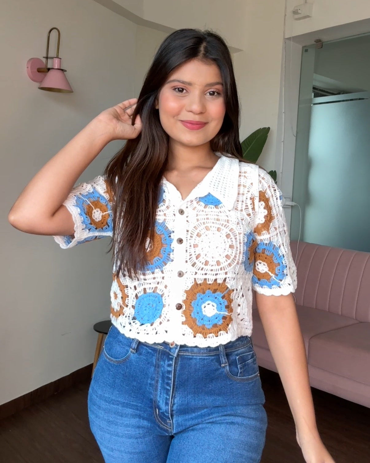 Contrast Block Checker Crochet Cropped Shirt