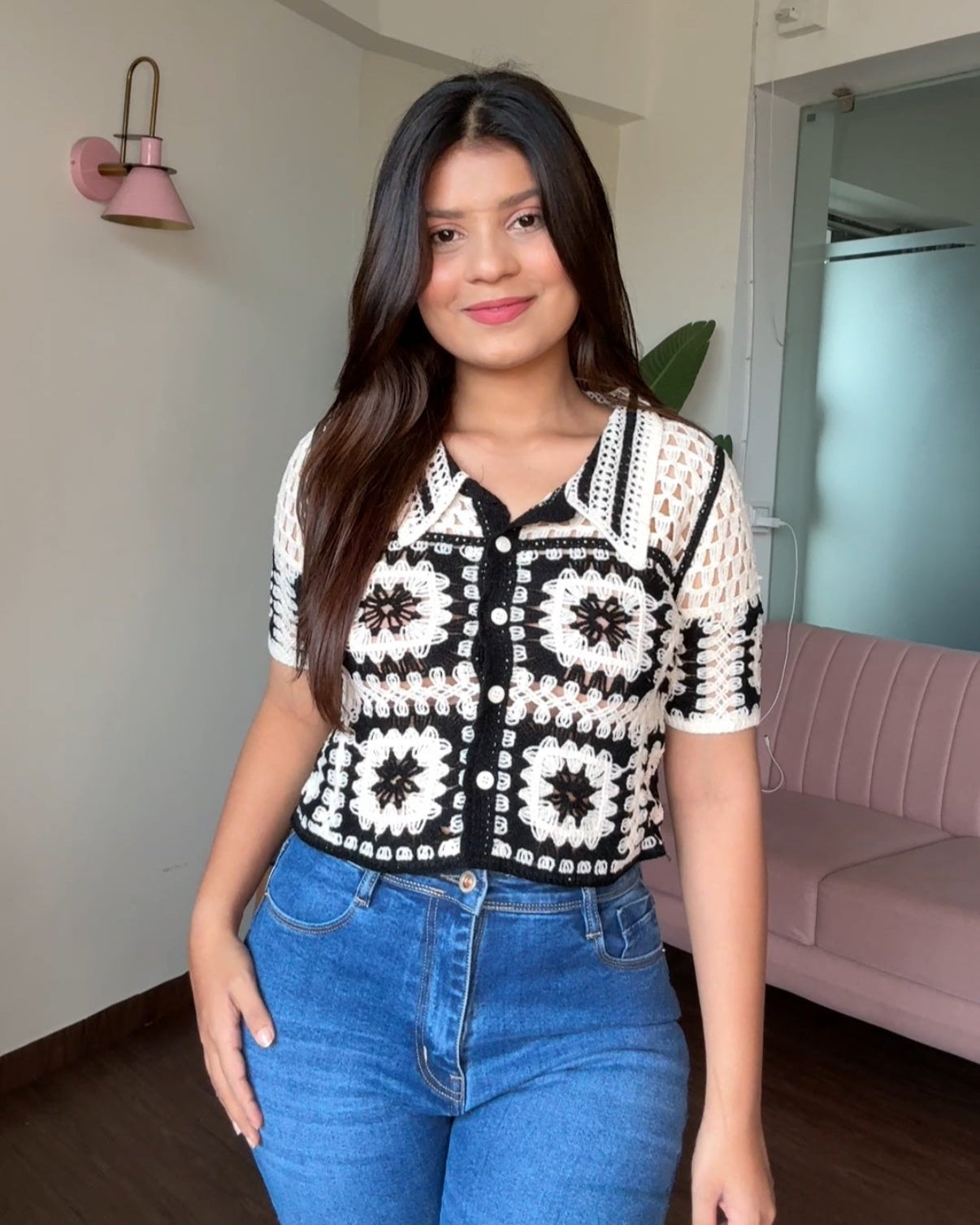 Contrast Block Checker Crochet Cropped Shirt