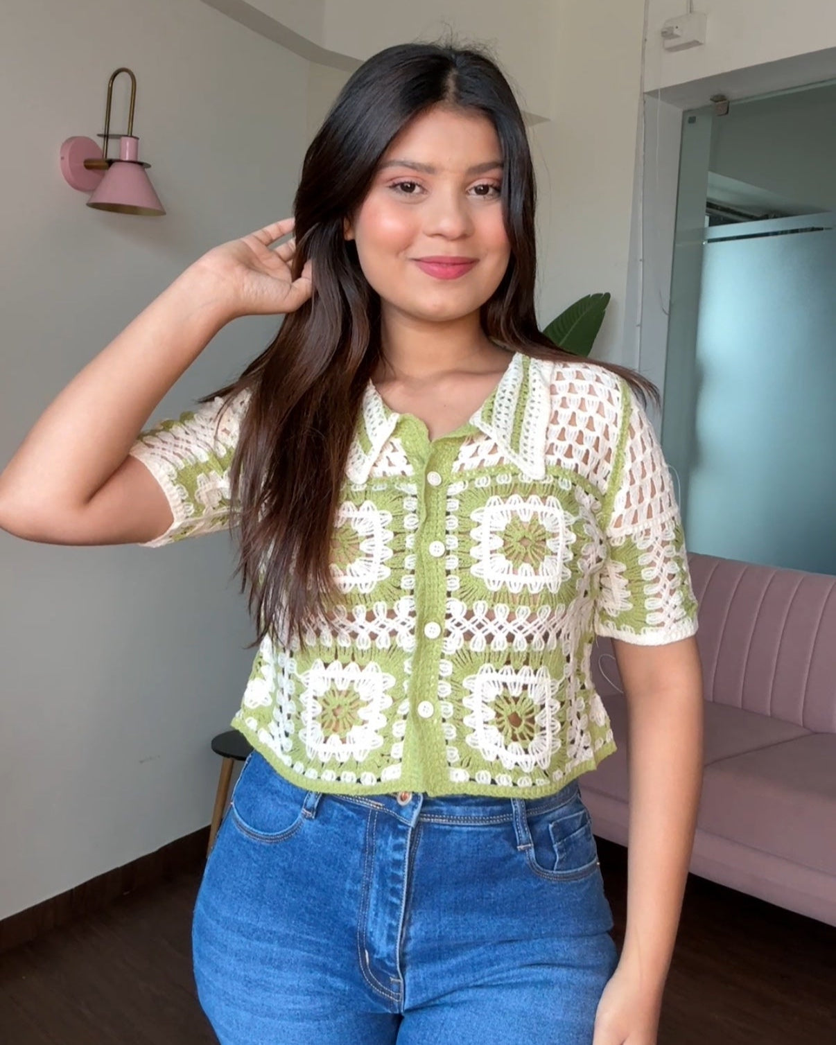 Contrast Block Checker Crochet Cropped Shirt