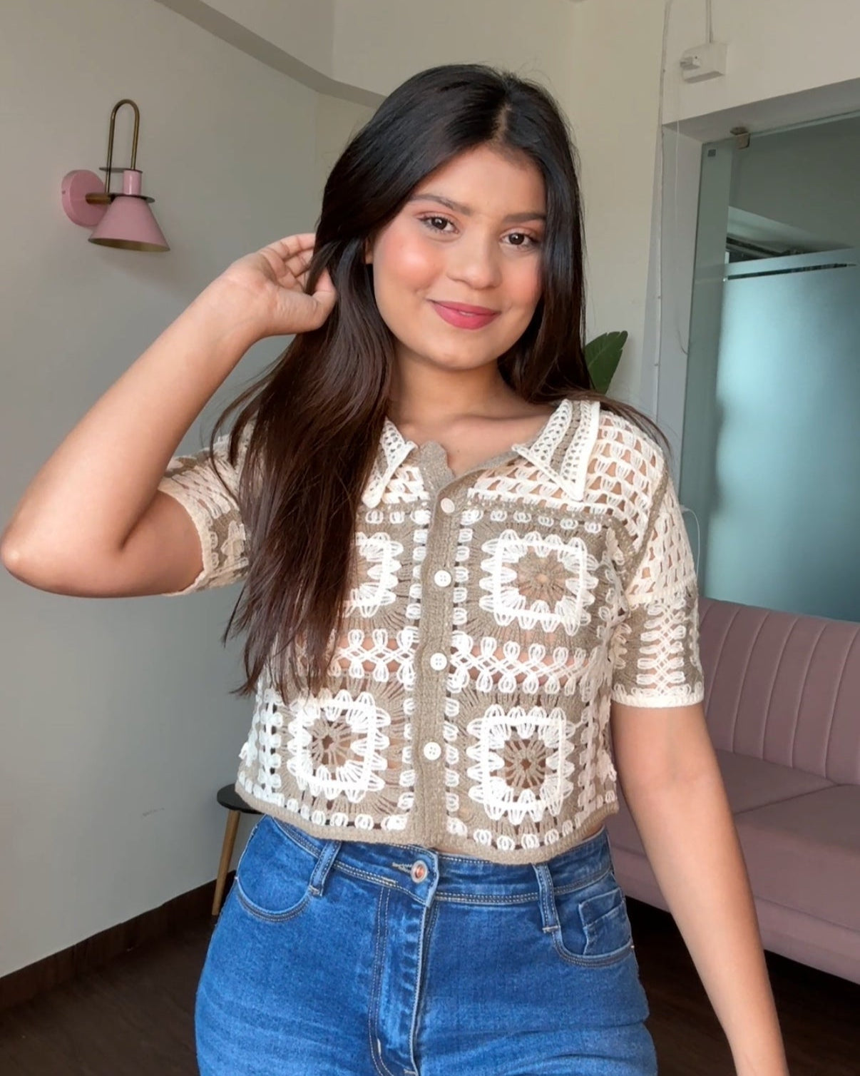 Contrast Block Checker Crochet Cropped Shirt