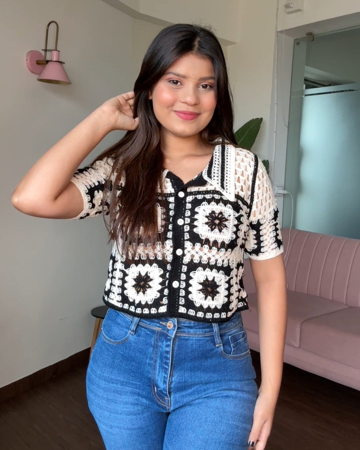 Contrast Block Checker Crochet Cropped Shirt