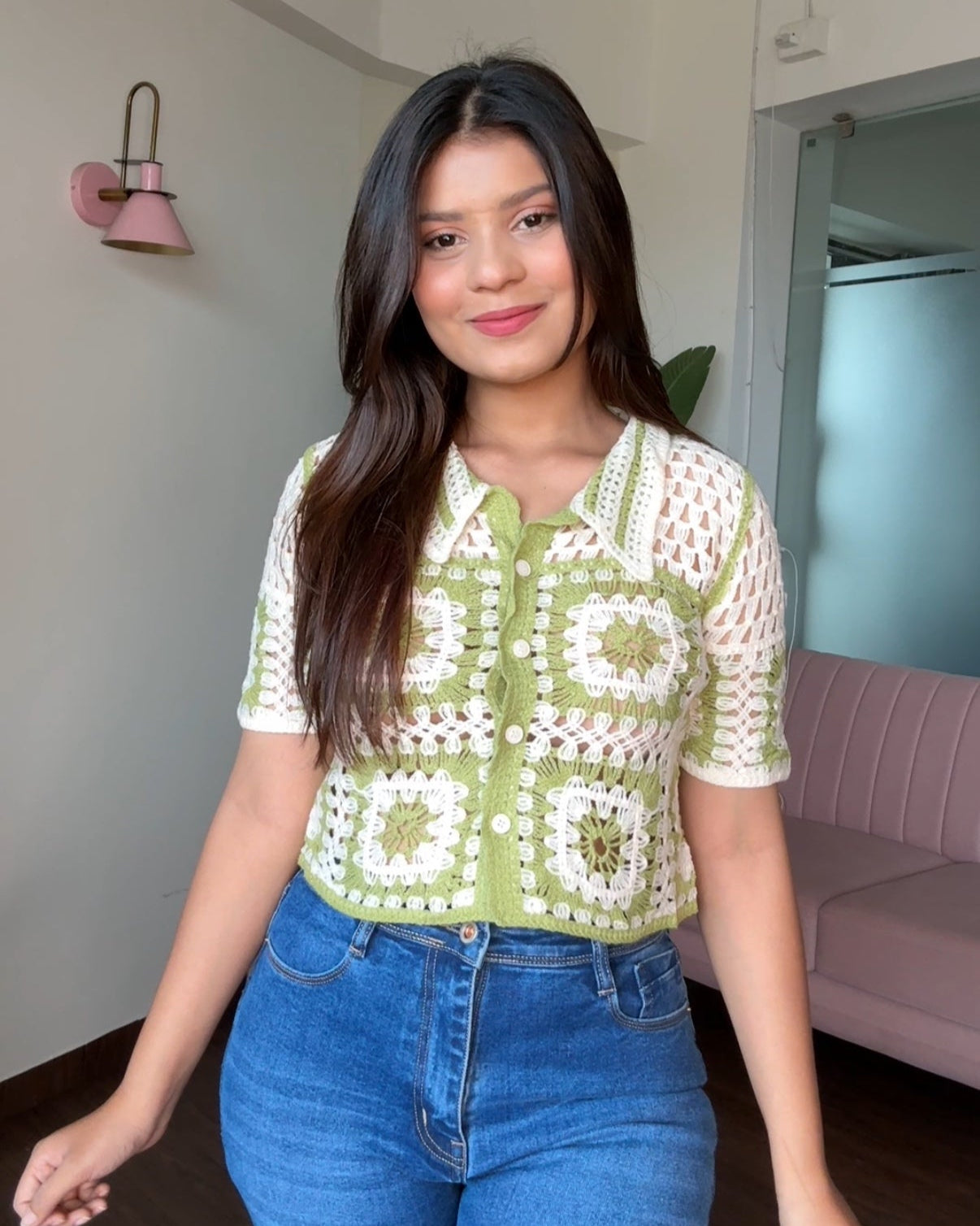 Contrast Block Checker Crochet Cropped Shirt