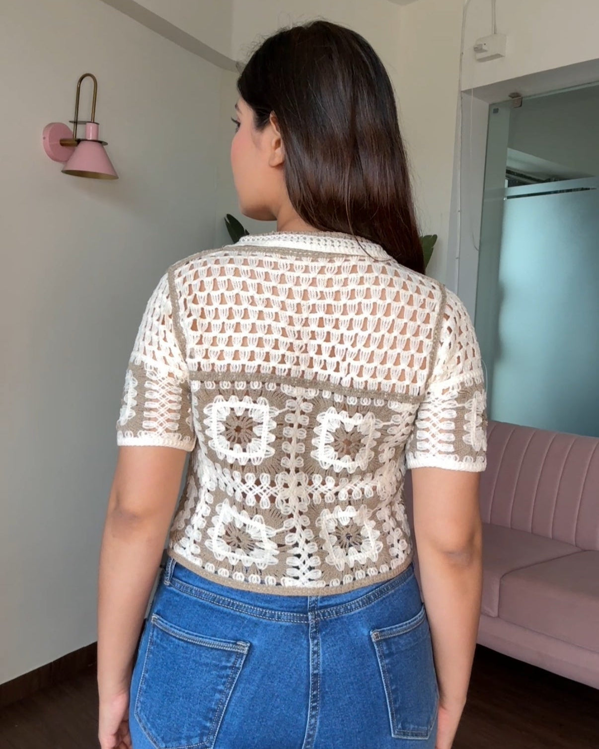 Contrast Block Checker Crochet Cropped Shirt