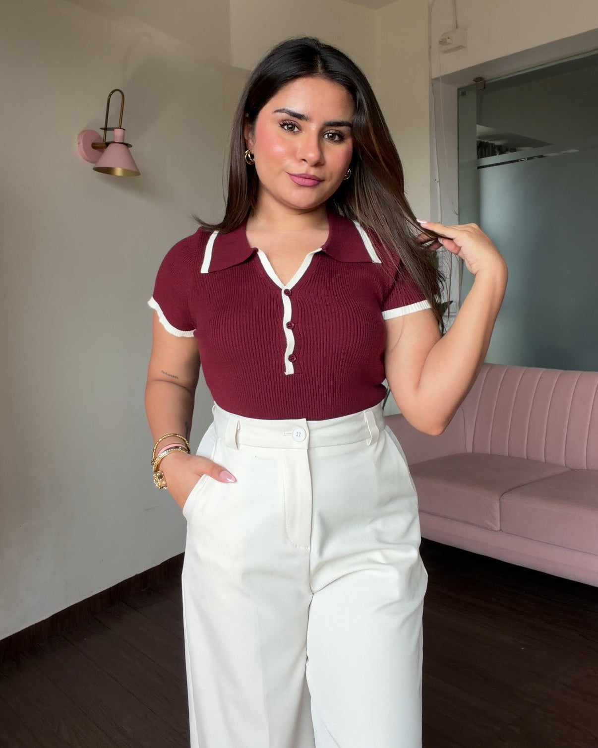 Contrast Button Detailing Polo Ribbed Top