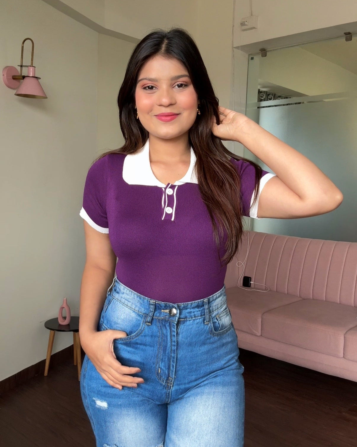 Contrast Button Up Collared Top