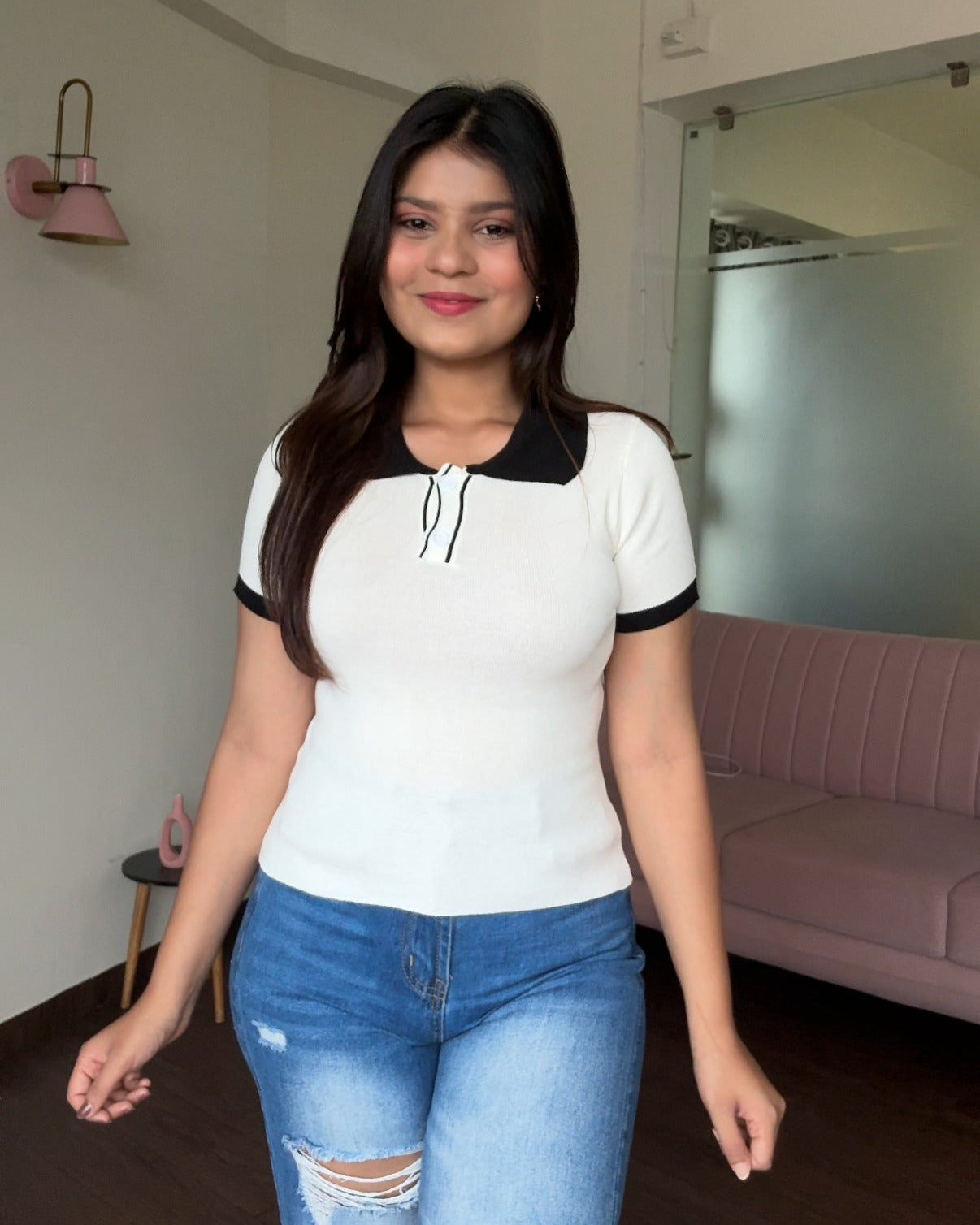 Contrast Button Up Collared Top