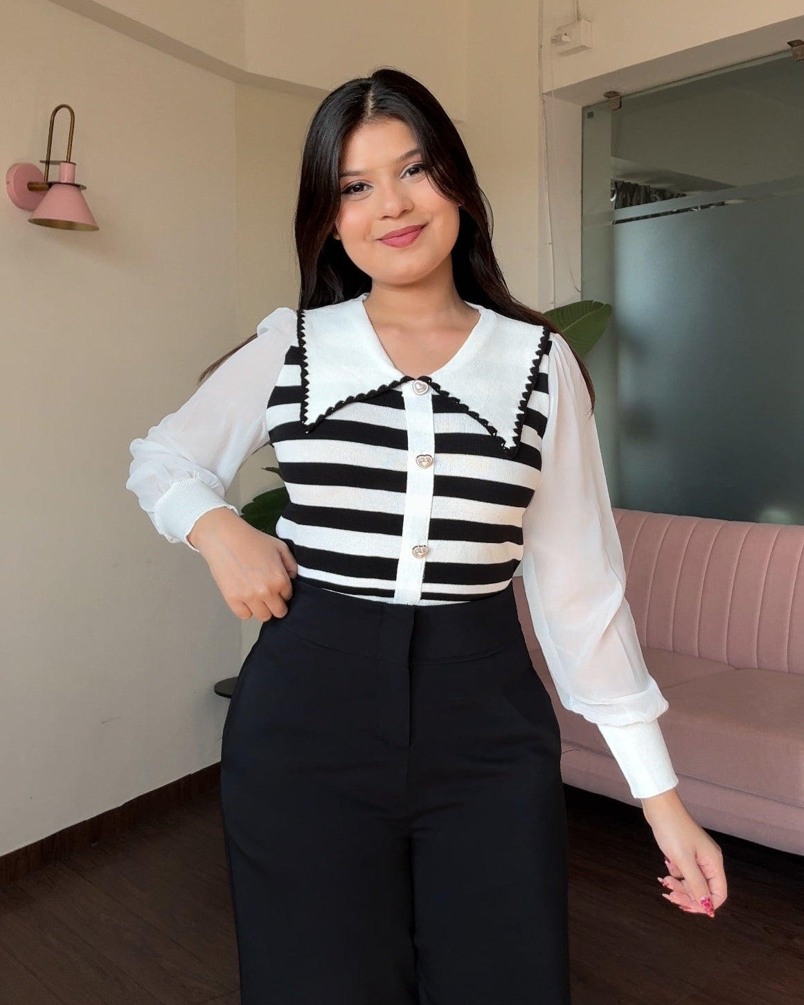 Contrast Collar Striped Button Up Top