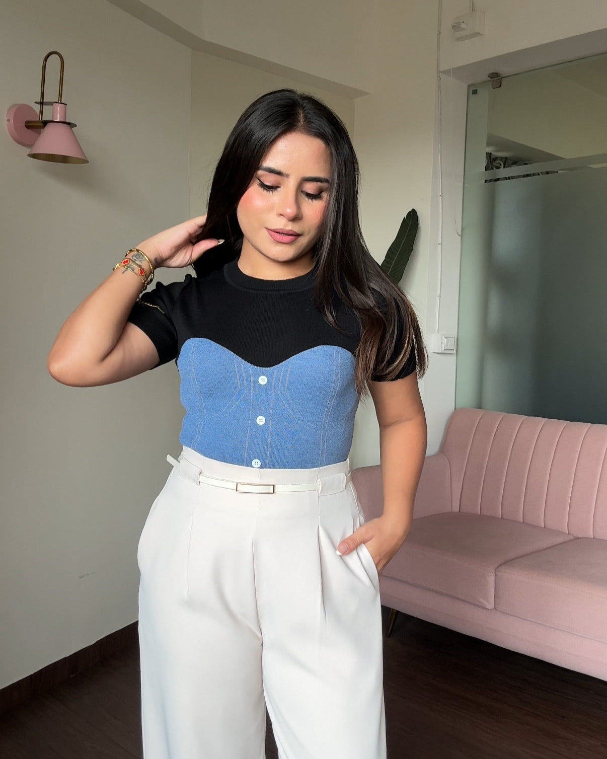 Contrast Detailing Knitted Corset Pattern Top