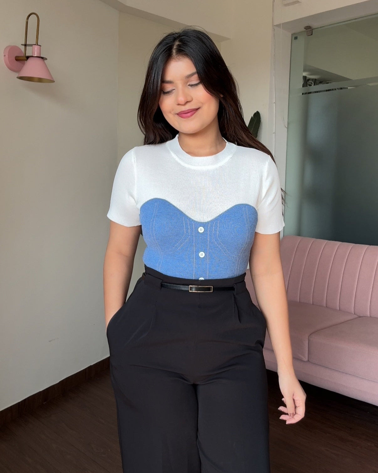 Contrast Detailing Knitted Corset Pattern Top