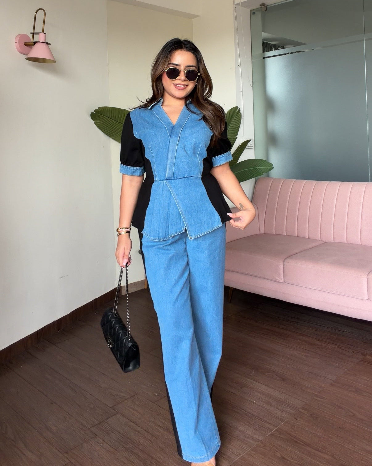 Contrast Detailing Peplum Denim Co-ord Set