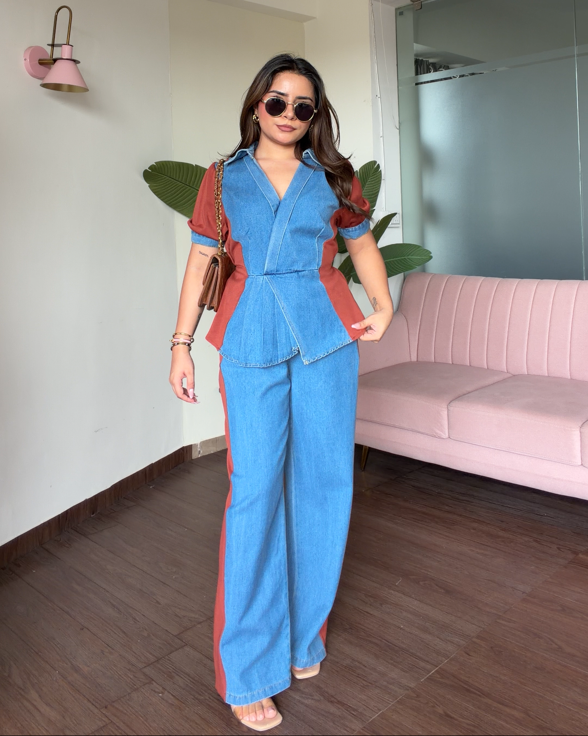 Contrast Detailing Peplum Denim Co-ord Set