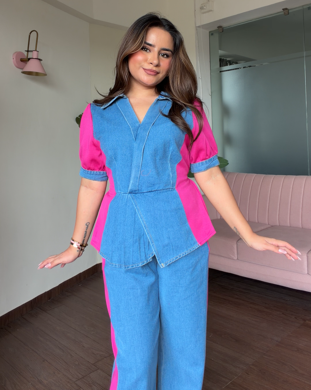 Contrast Detailing Peplum Denim Co-ord Set