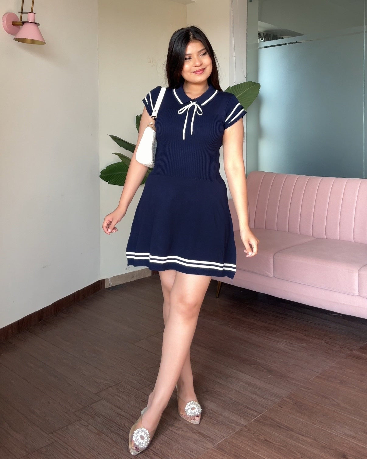 Contrast Detailing Polo Ribbed Mini Dress