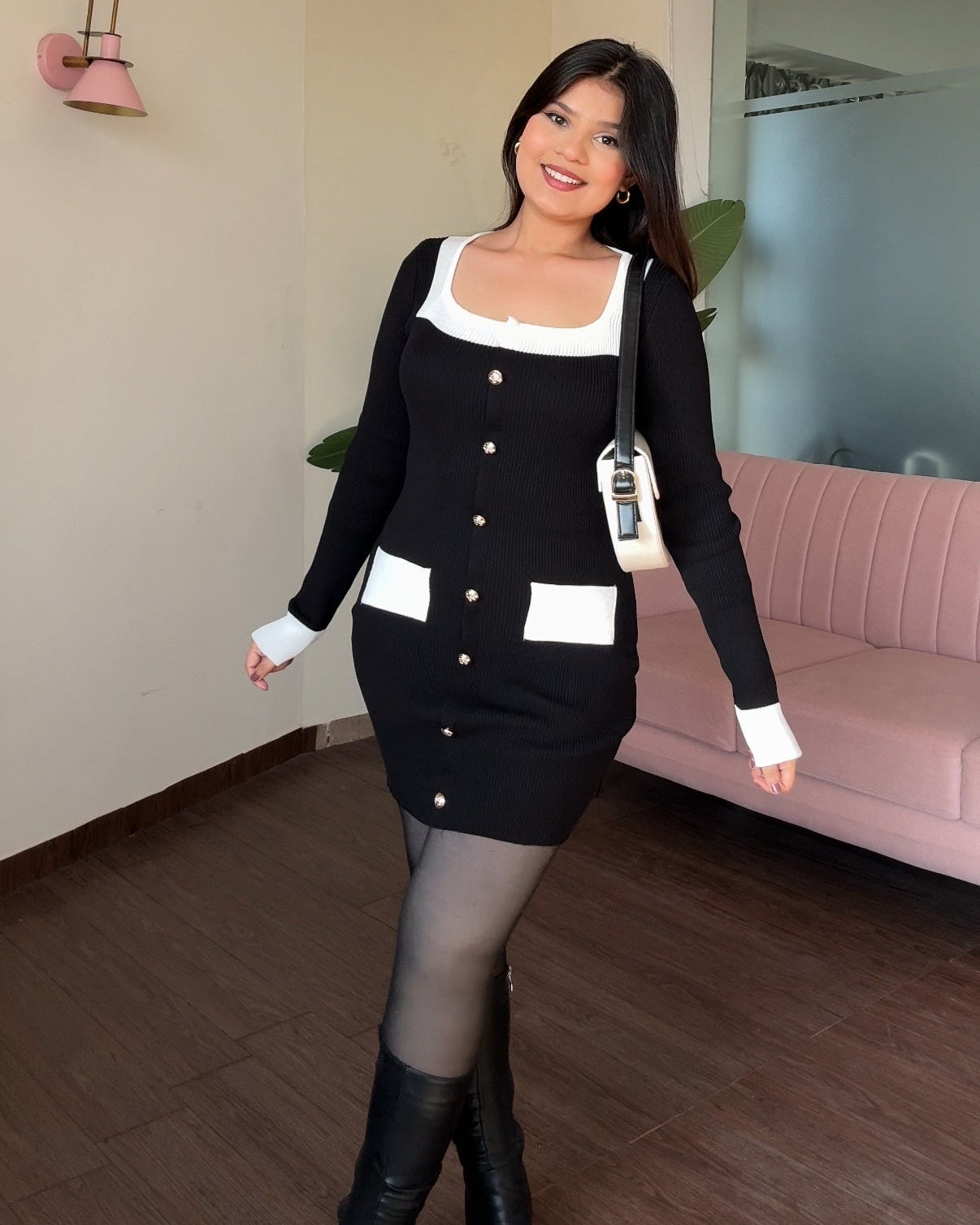 Contrast Detailing Square Neck Golden Button Bodycon Mini Dress