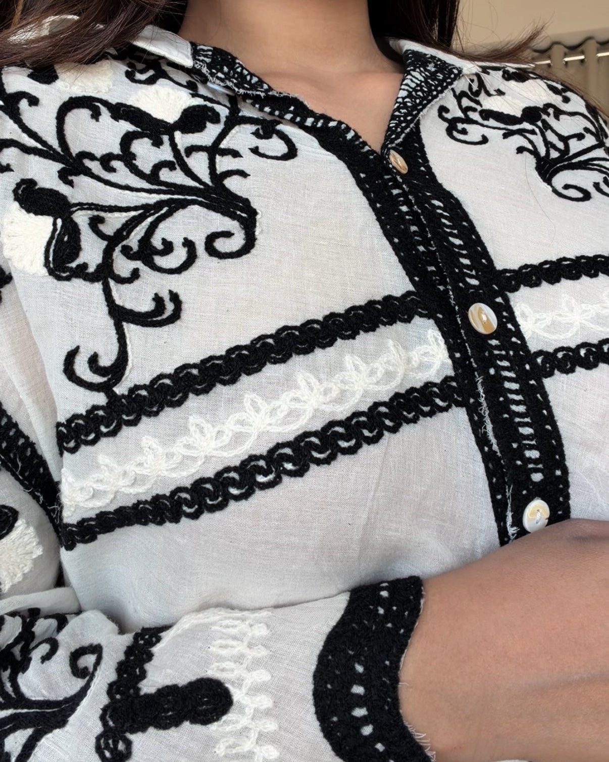 Contrast Embroidered Bell Sleeve Shirt