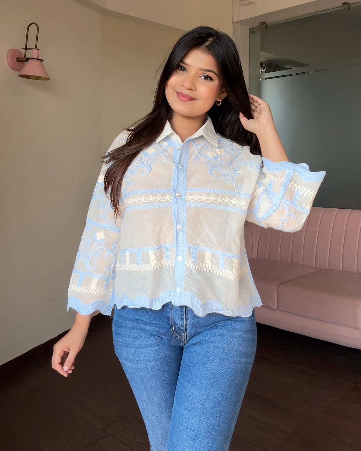 Contrast Embroidered Bell Sleeve Shirt