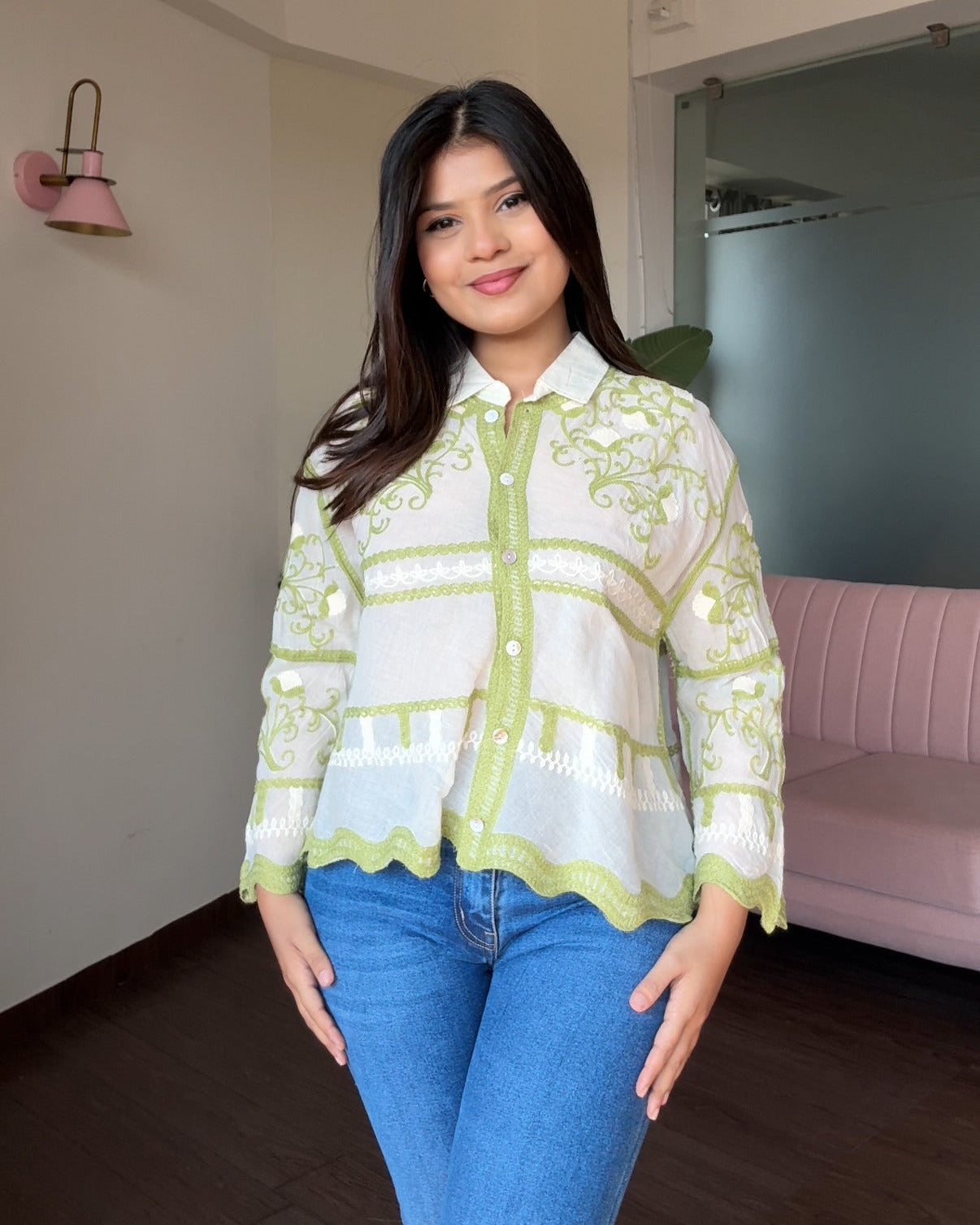 Contrast Embroidered Bell Sleeve Shirt
