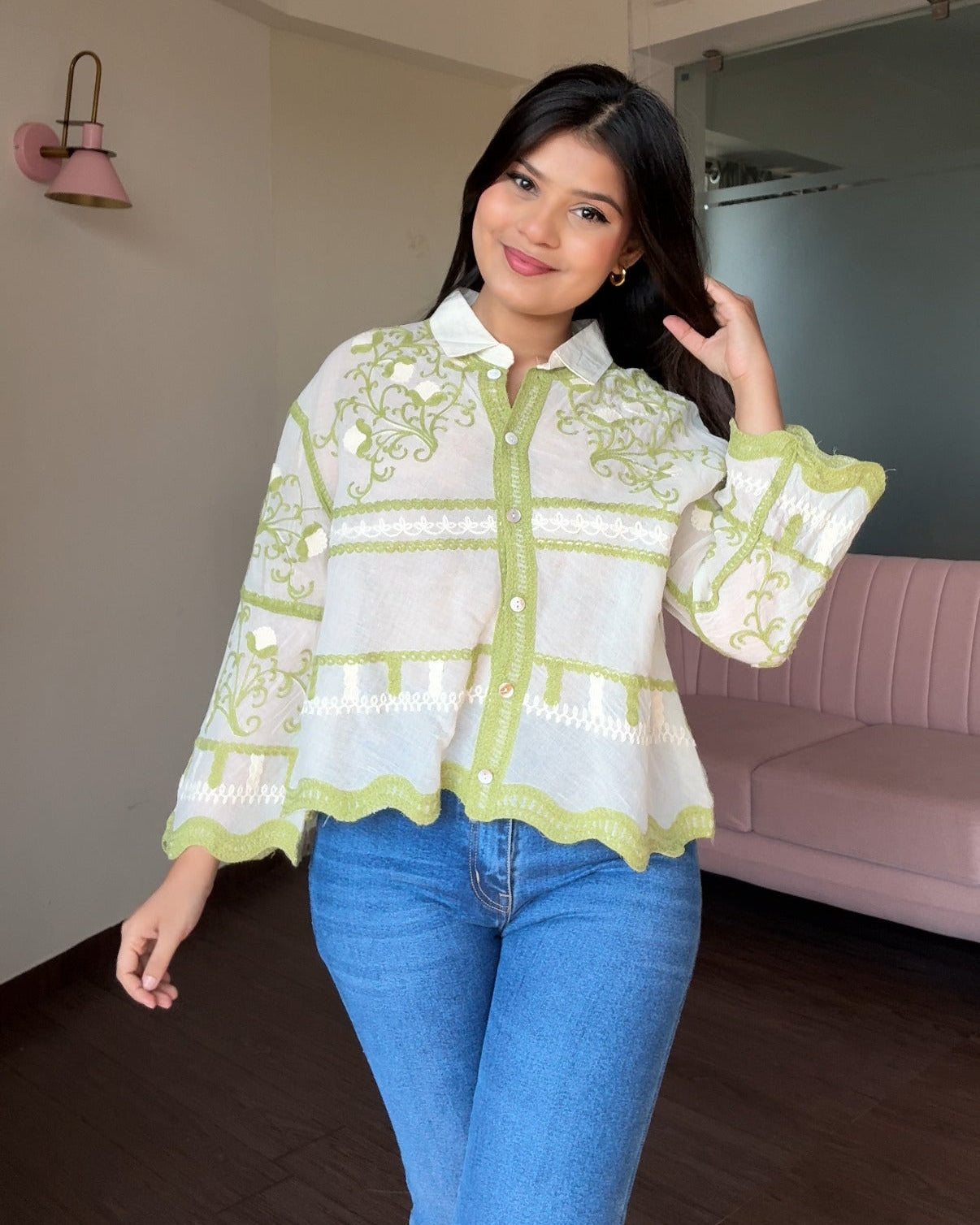 Contrast Embroidered Bell Sleeve Shirt