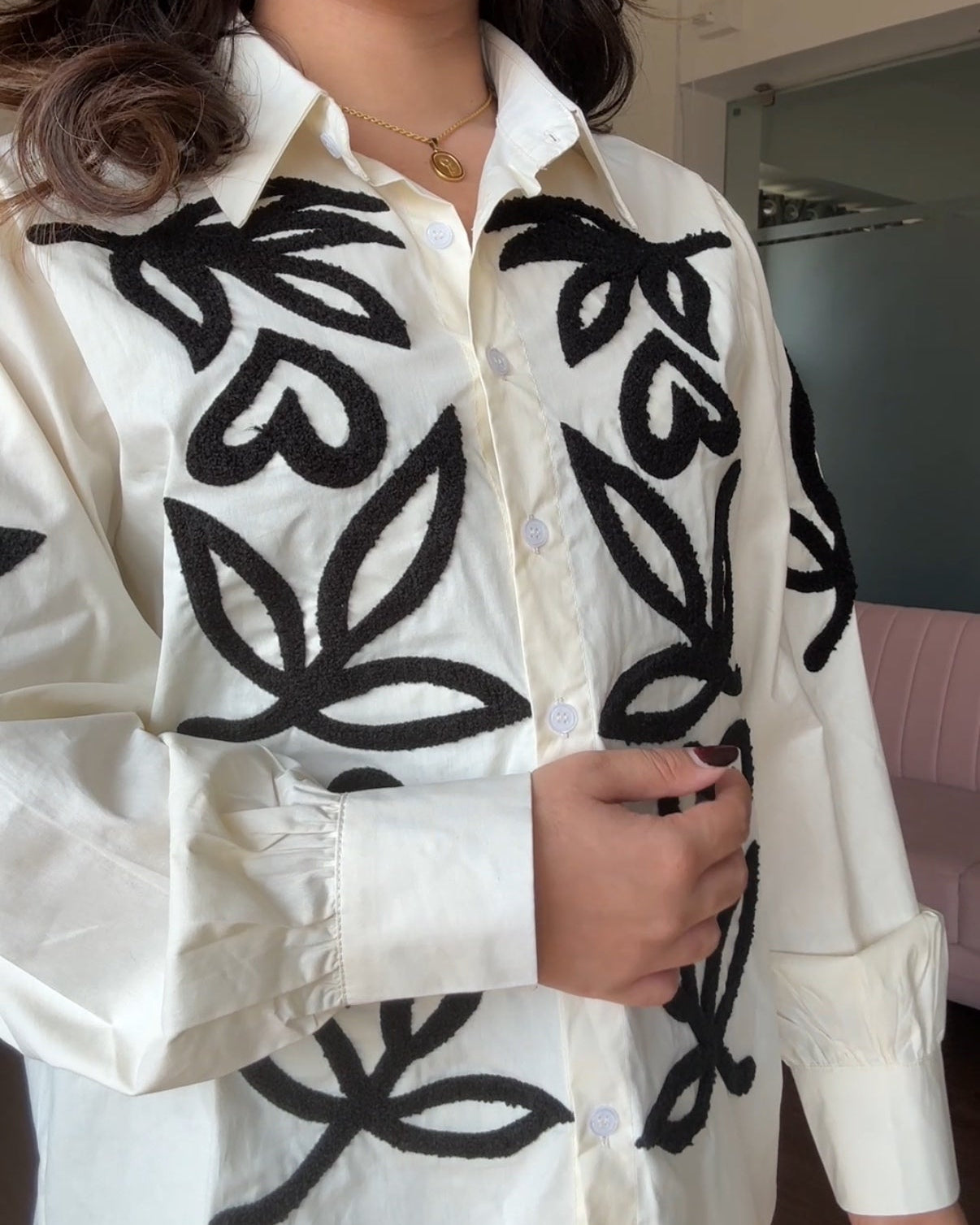 Contrast Embroidery Button Up Oversized Shirt