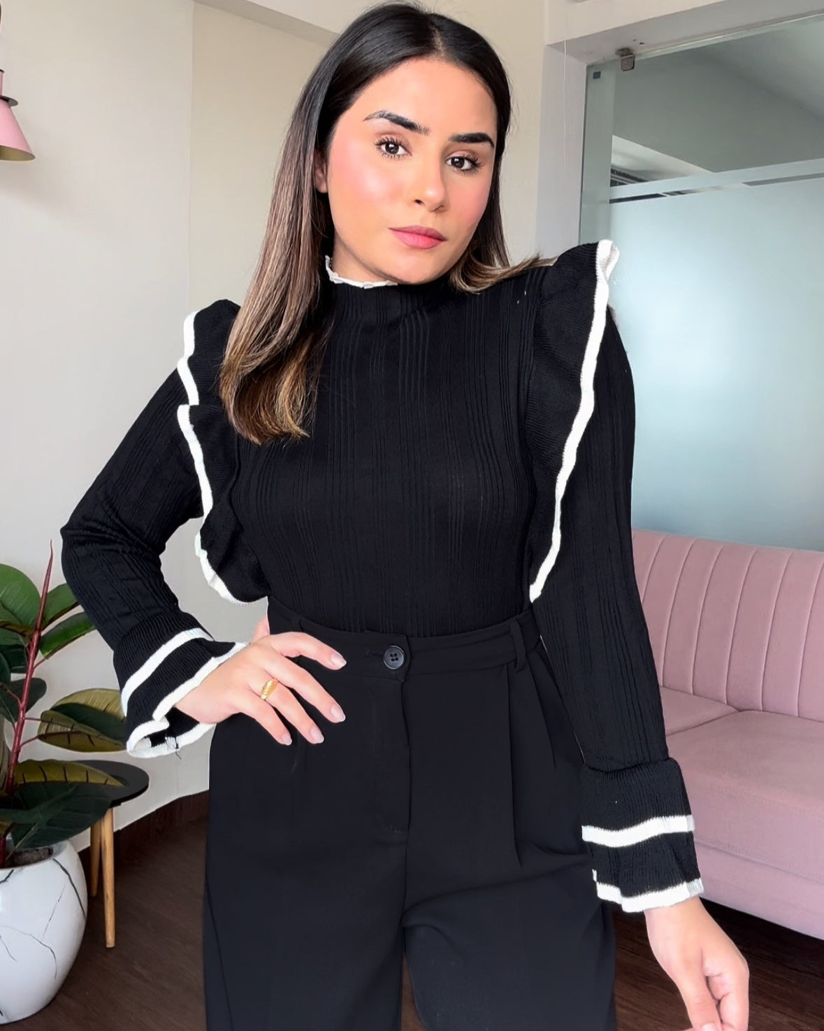 Contrast Hem Ruffle Bell Sleeve Sweater