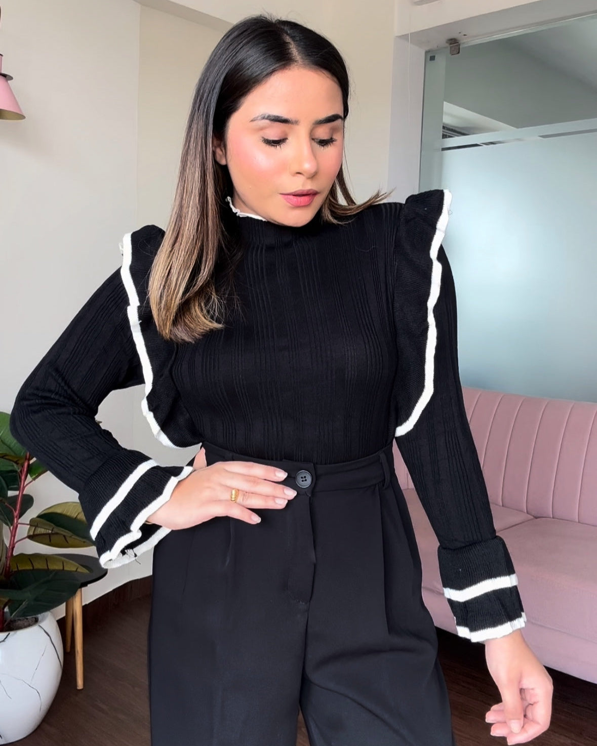 Contrast Hem Ruffle Bell Sleeve Sweater