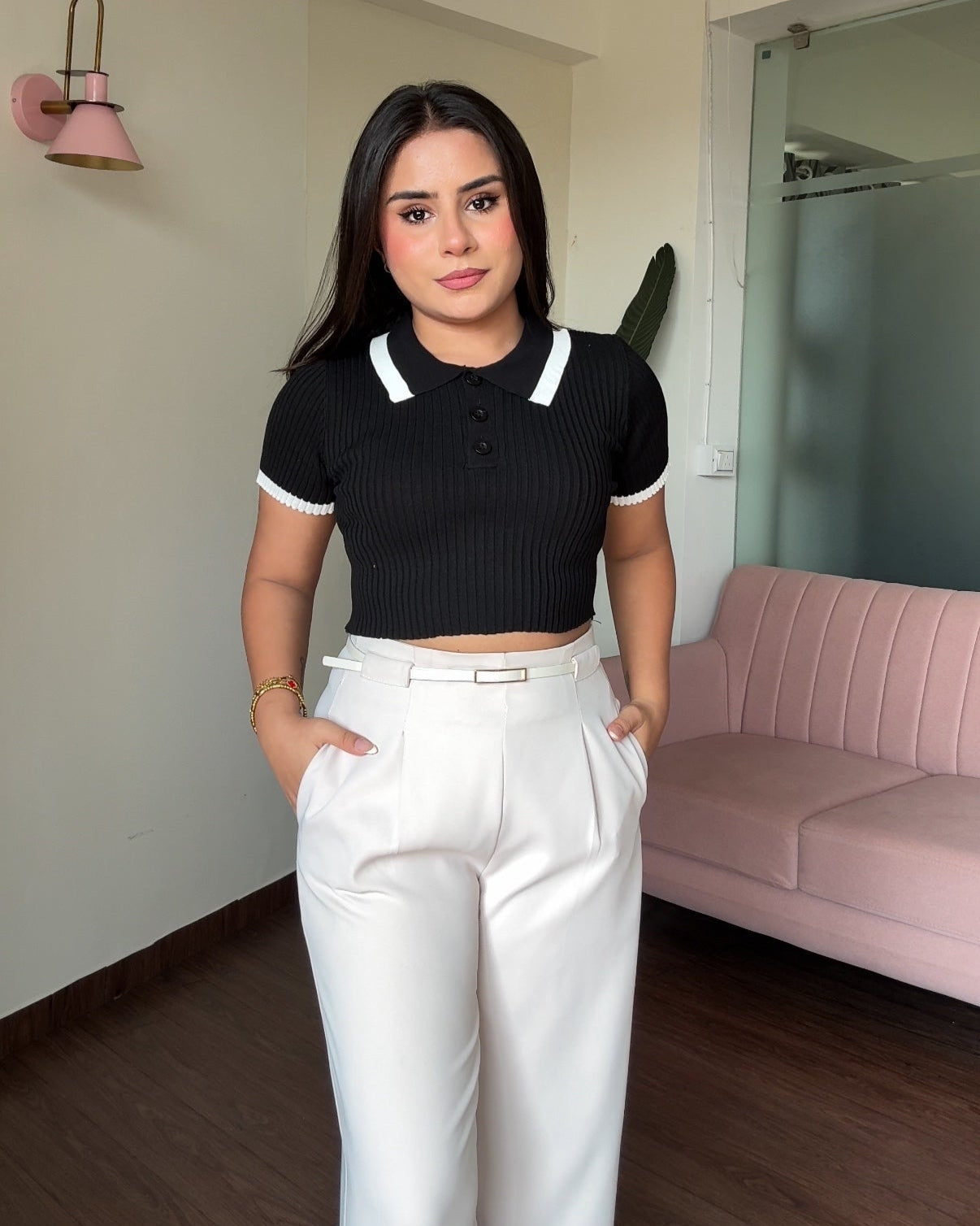 Contrast Polo Button Up Ribbed Knitted Top