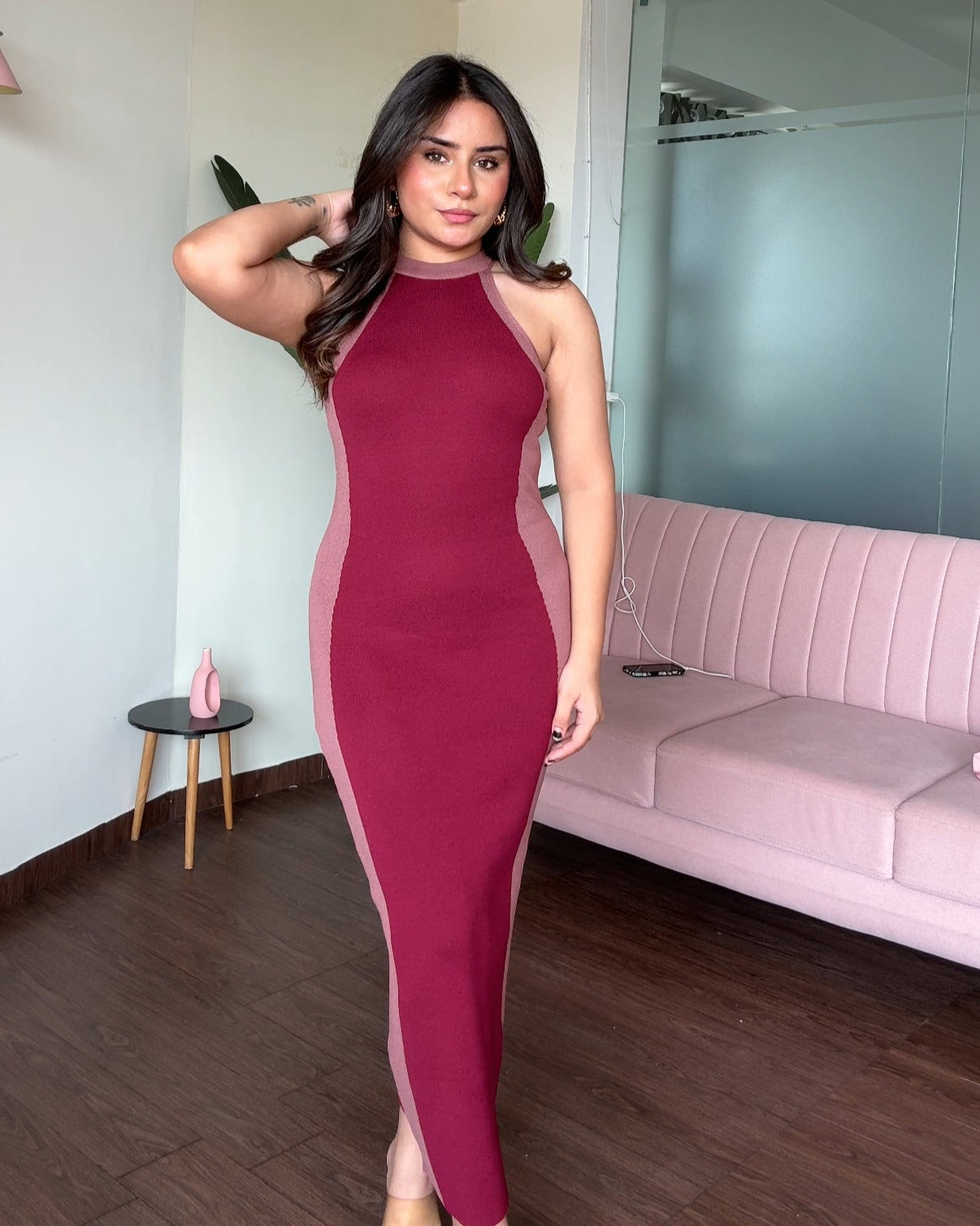 Contrast Sculptured Bodycon Maxi Dress