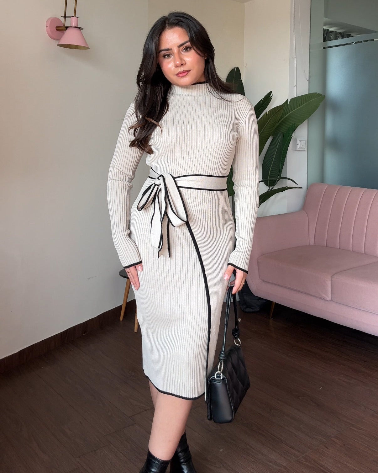 Contrast Tie Up High Neck Ribbed Knitted Winter Dress