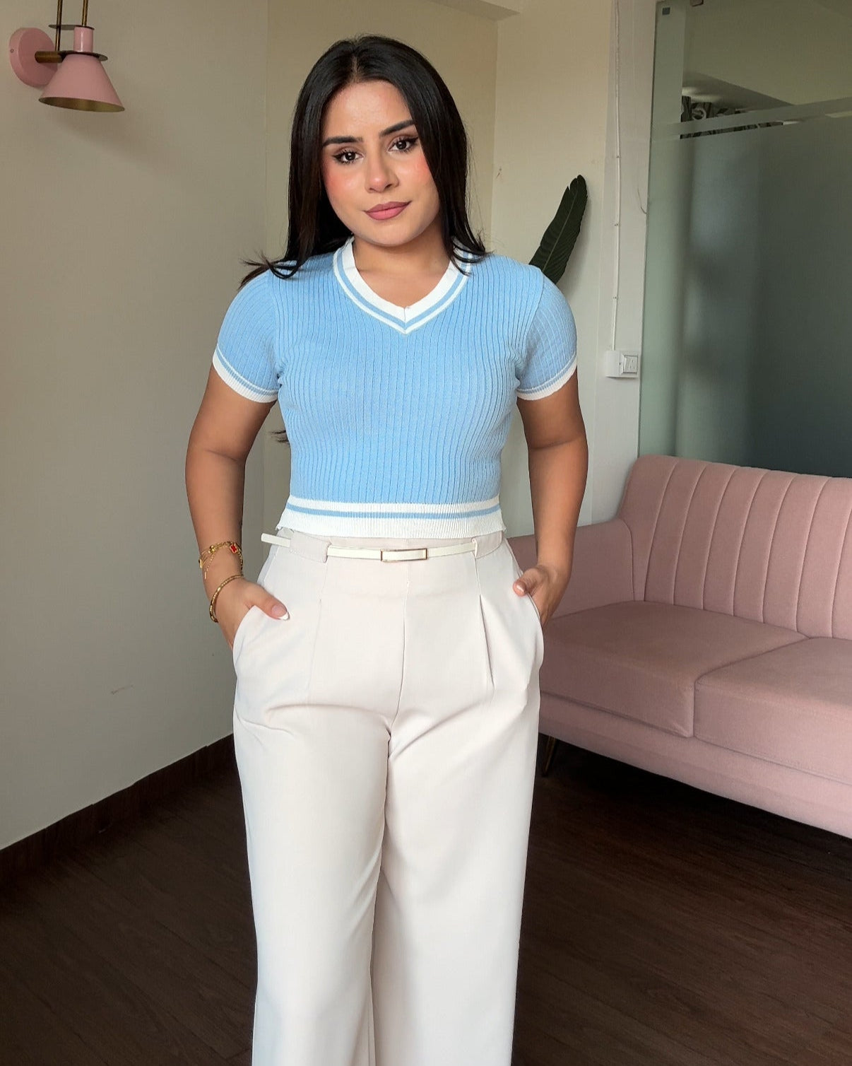 Contrast V Neck Ribbed Fitted Top