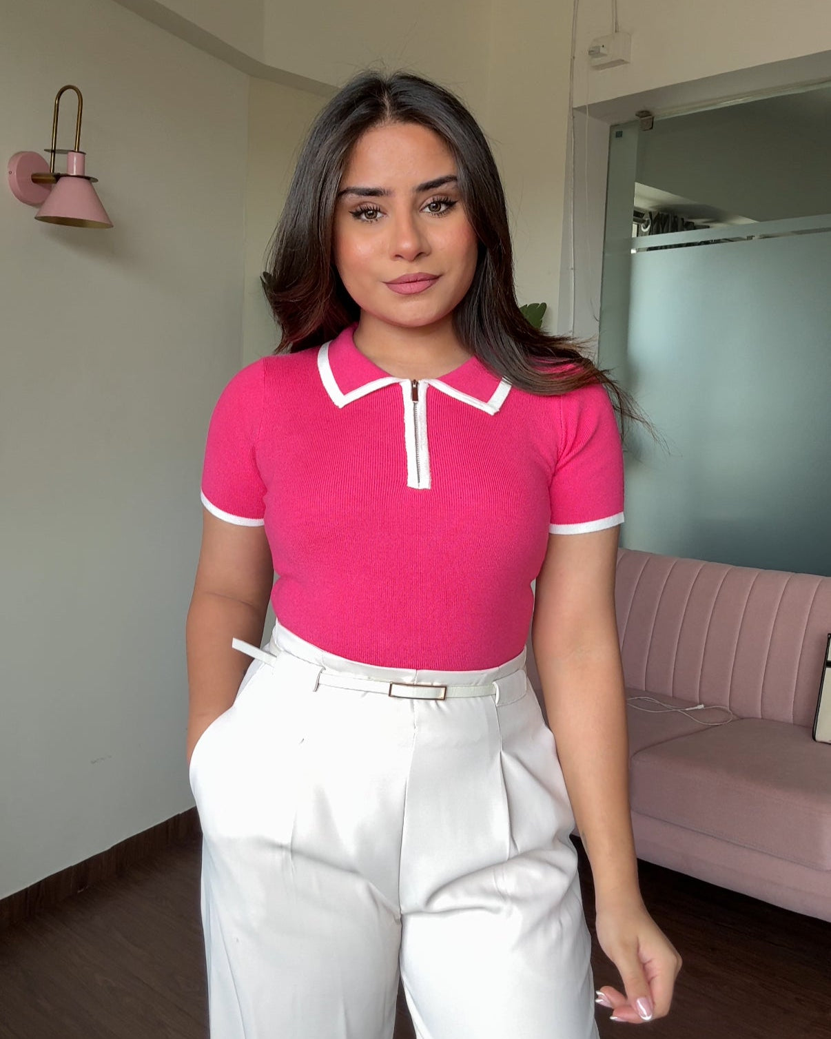 Contrast Zip Up Collared Knitted Top