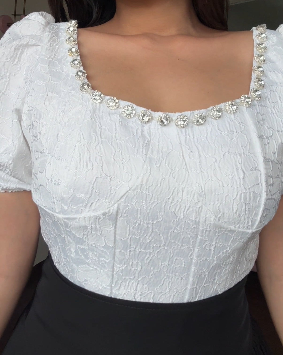 Corset Inspired Embellished Neck Line Puff Sleeve Top