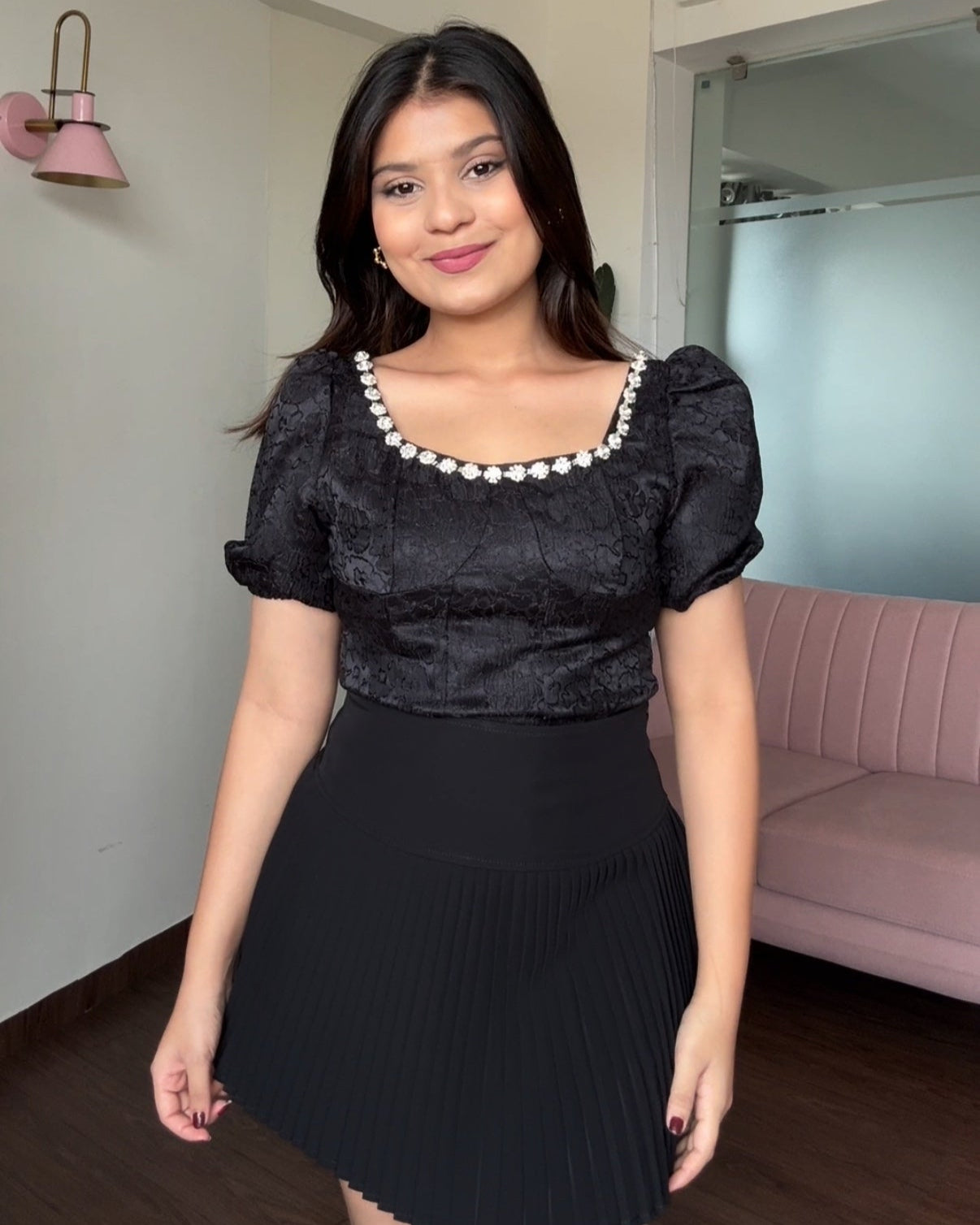 Corset Inspired Embellished Neck Line Puff Sleeve Top