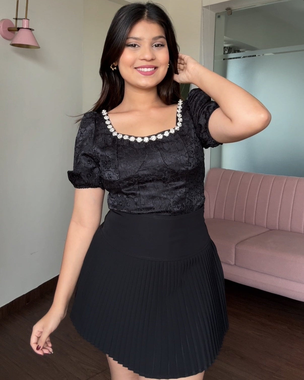 Corset Inspired Embellished Neck Line Puff Sleeve Top