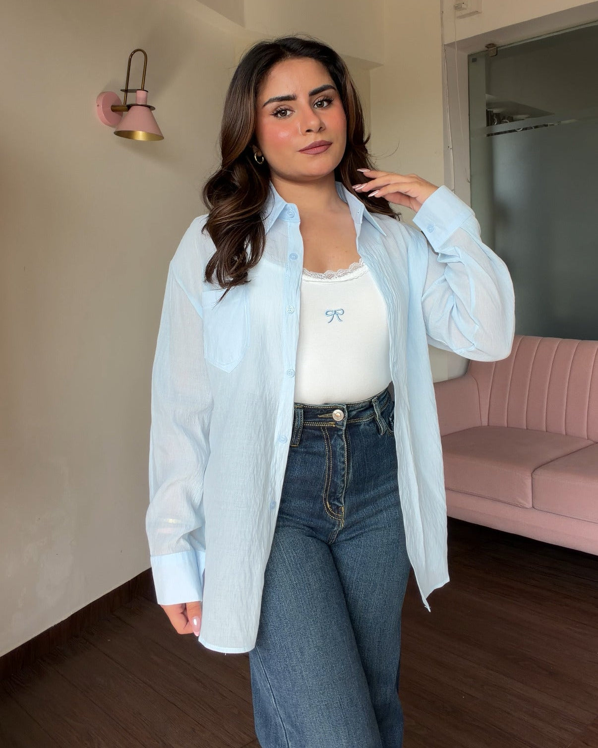 Cotton Solid Shirt With Bow Detailing Cami Top