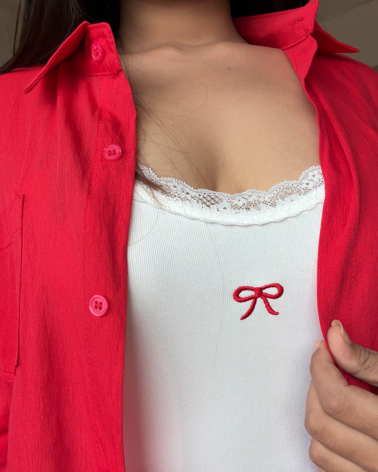 Cotton Solid Shirt With Bow Detailing Cami Top