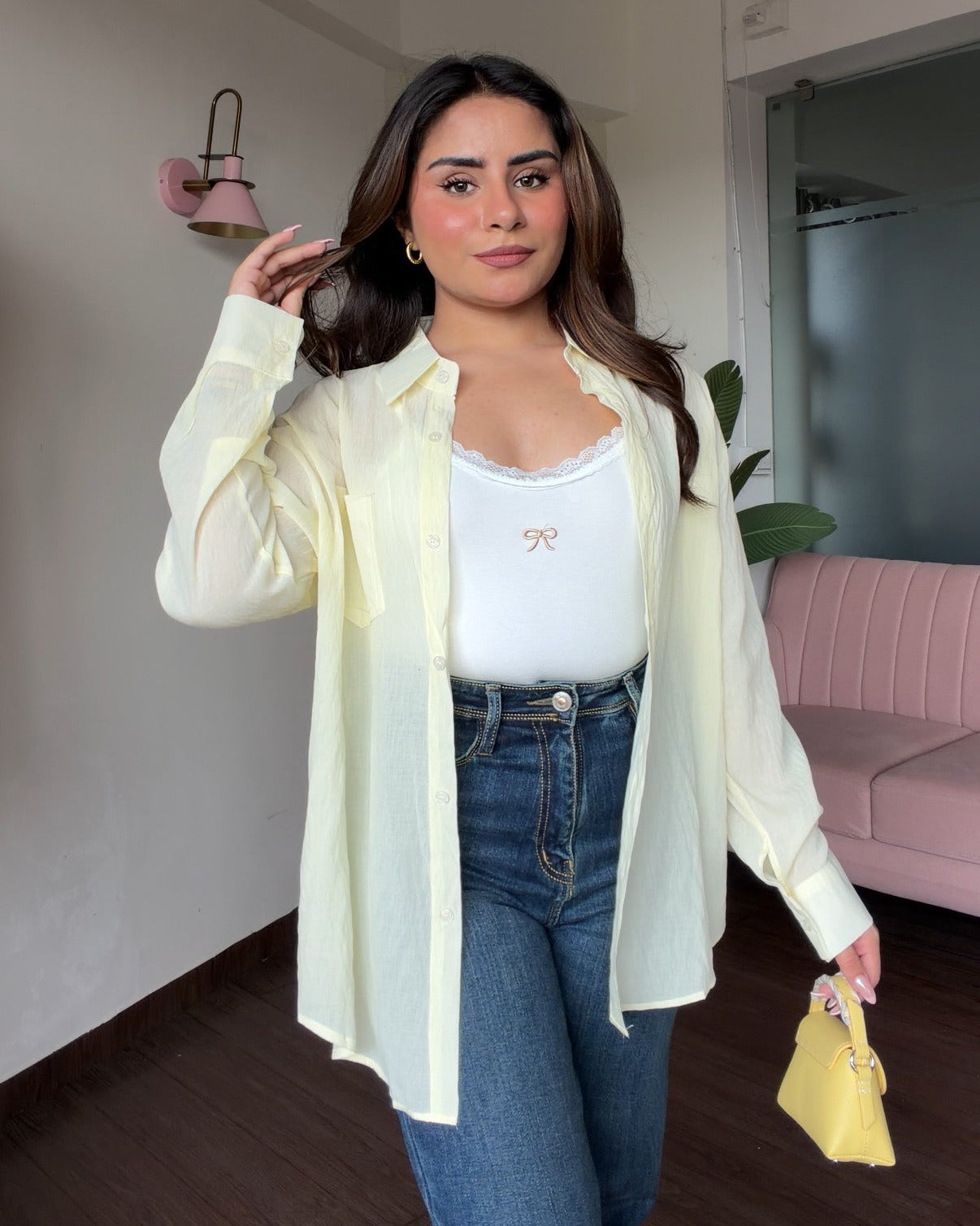 Cotton Solid Shirt With Bow Detailing Cami Top