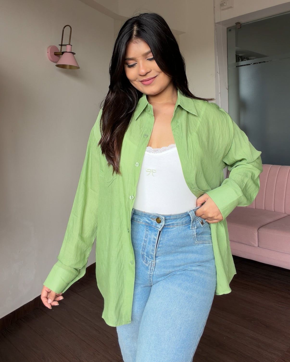 Cotton Solid Shirt With Bow Detailing Cami Top